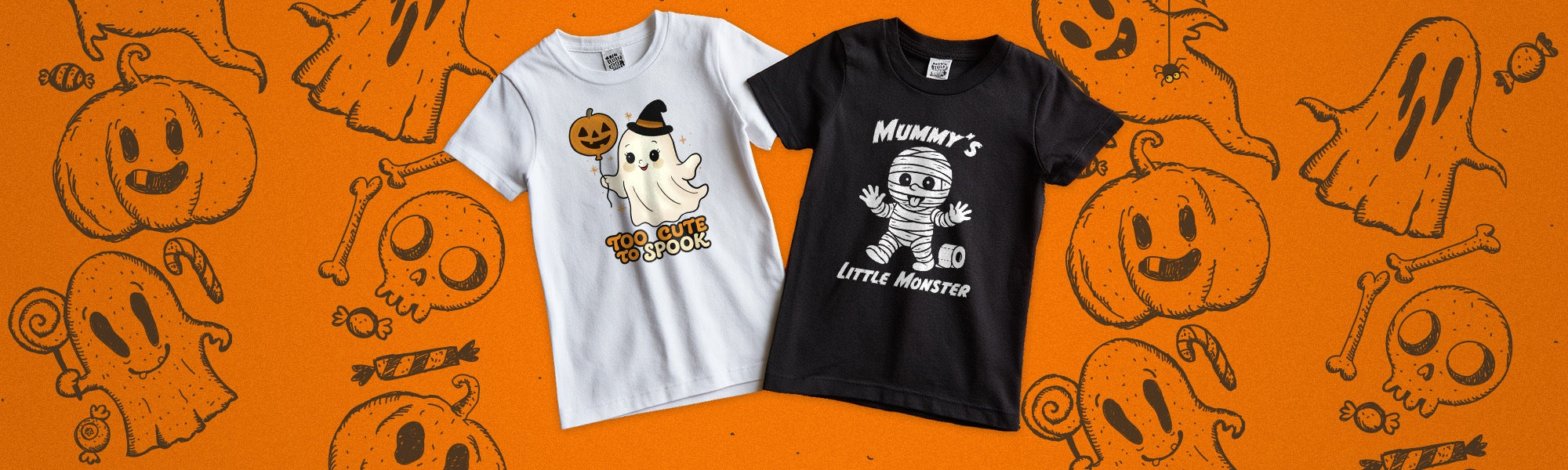 Two Halloween-themed t-shirts on an orange background with pumpkins and skeletons.Too Cute To Spook and Mummy's Little Monster